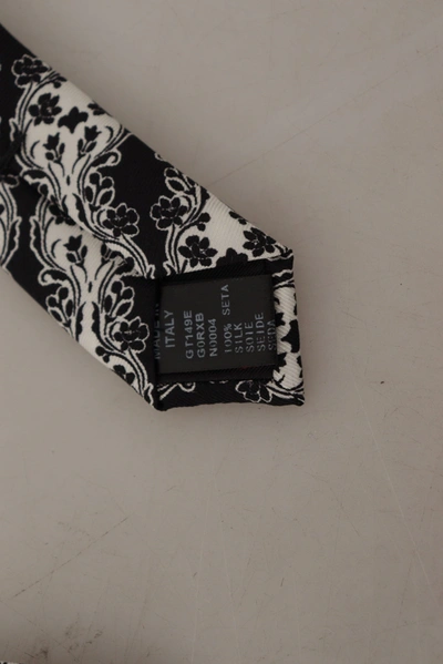 Dolce & Gabbana Black White Flower 100% Silk Print Adjustable Accessory Tie In Black