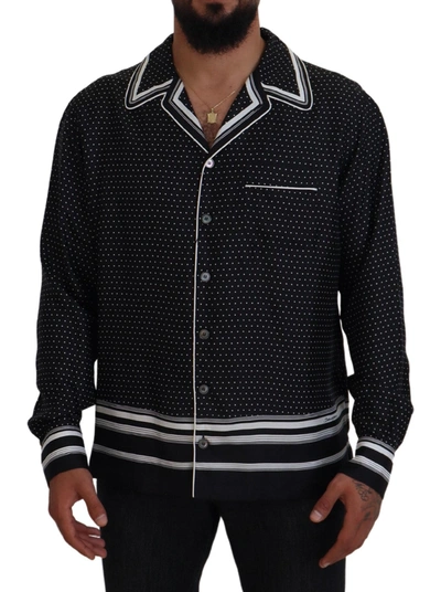 Dolce & Gabbana Black White Polka Dots Men Pajama Silk Top In Black/white
