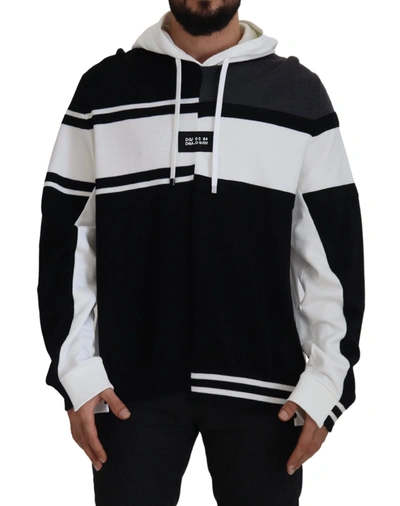 Shop Dolce & Gabbana Black White Wool Hooded Sweatshirt Men's Sweater