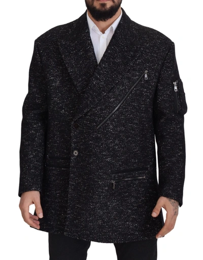 Shop Dolce & Gabbana Sleek Patterned Wool Double Breasted Men's Jacket In Black