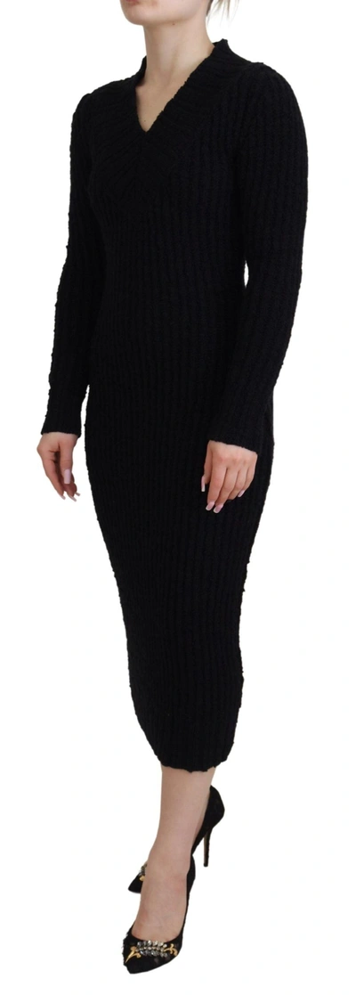 Dolce & Gabbana Black Wool Knitted Sheath Sweater Dress In Black