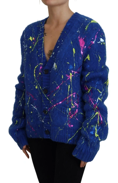 Dolce & Gabbana Blue Color Splash Mohair Cardigan  Sweater In Blue