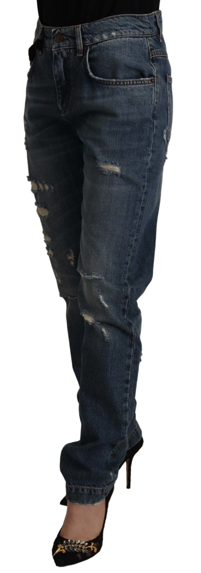 Dolce & Gabbana Blue Denim Baroque Heart Logo Patch Pants Jeans In Blue