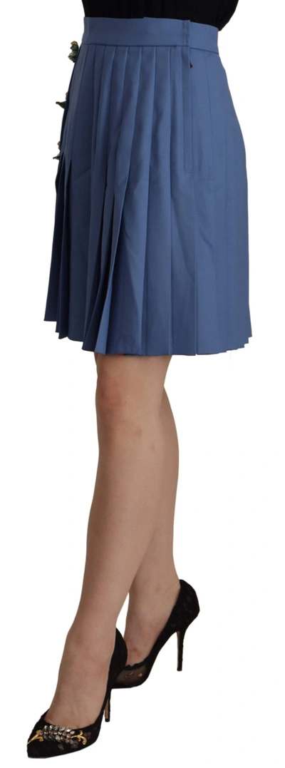 Dolce & Gabbana Blue Embellished Pleated Mini Skirt Wool In Blue