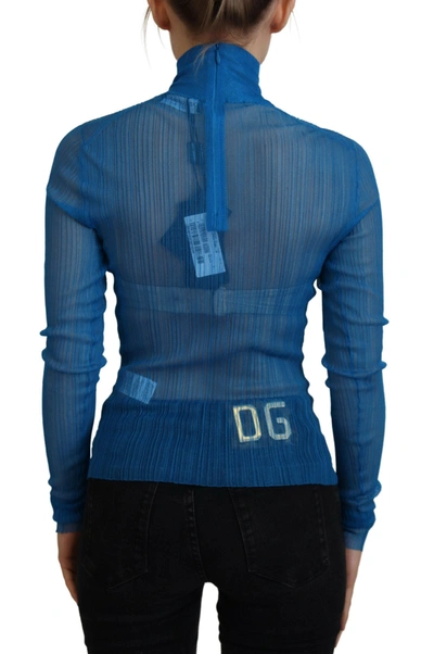 Dolce & Gabbana Blue Mesh Turtleneck Long Sleeve Blouse Top In Blue