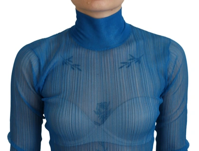 Dolce & Gabbana Blue Mesh Turtleneck Long Sleeve Blouse Top In Blue