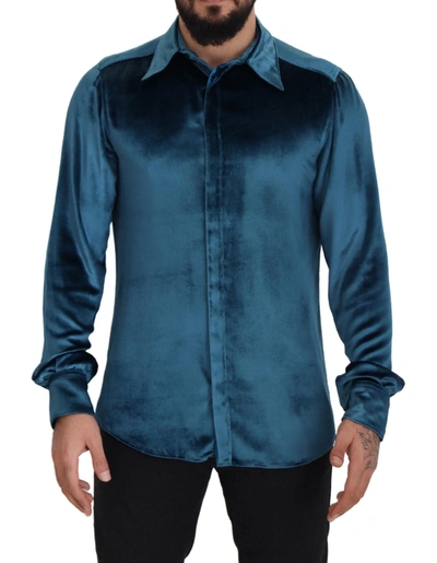 Shop Dolce & Gabbana Elegant Blue Martini Slim Fit Casual Men's Shirt
