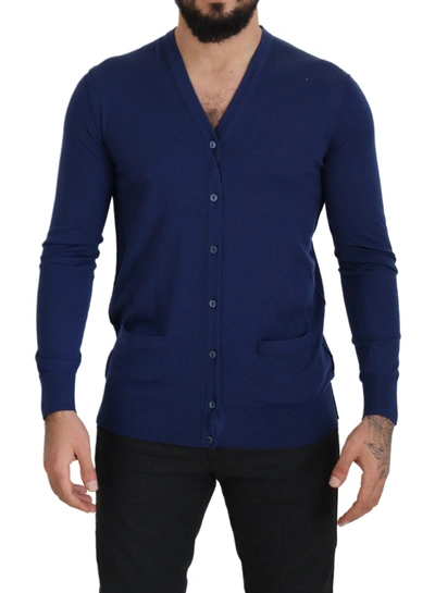 Dolce & Gabbana Blue Wool V-neck Button Down Cardigan Sweater In Blue