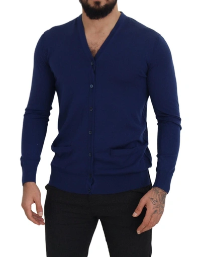 Dolce & Gabbana Blue Wool V-neck Button Down Cardigan Sweater In Blue