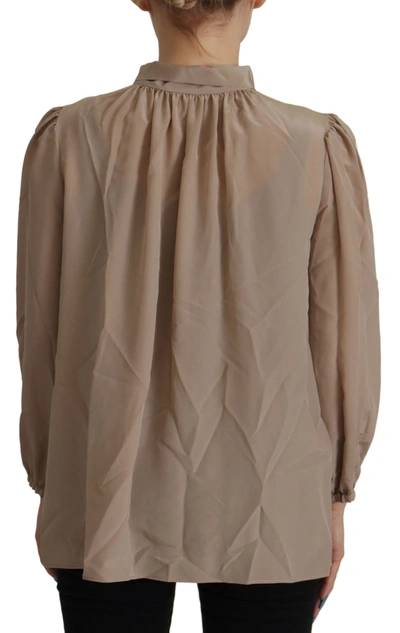 Dolce & Gabbana Brown Waistband Sleeves Ascot Collar Top Blouse In Brown