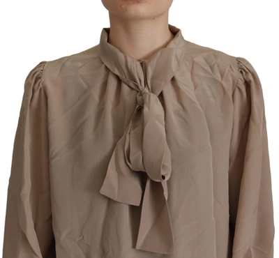 Dolce & Gabbana Brown Waistband Sleeves Ascot Collar Top Blouse In Brown