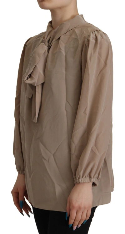 Dolce & Gabbana Brown Waistband Sleeves Ascot Collar Top Blouse In Brown