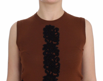 Dolce & Gabbana Brown Wool Black Lace Vest Sweater Top In Beige