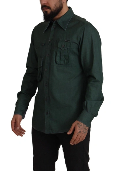 Shop Dolce & Gabbana Emerald Elegance Slim Fit Casual Men's Shirt In Dark Green