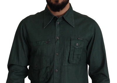 Shop Dolce & Gabbana Emerald Elegance Slim Fit Casual Men's Shirt In Dark Green