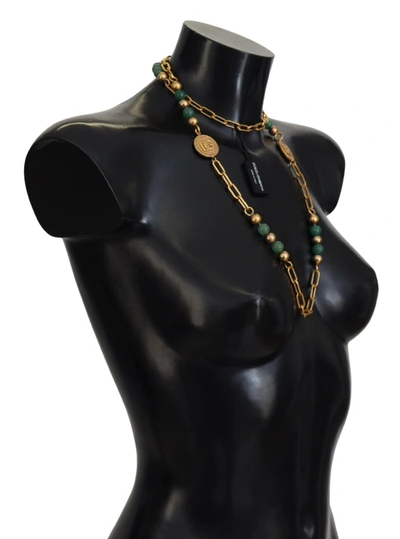 Shop Dolce & Gabbana Gold Brass Natural Gem Beaded Logo Chain Women's Necklace