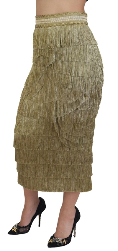 Dolce & Gabbana Gold Tiered Metallic Fringed Midi Silk Skirt In Gold