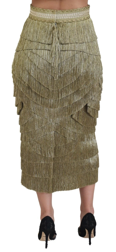 Dolce & Gabbana Gold Tiered Metallic Fringed Midi Silk Skirt In Gold