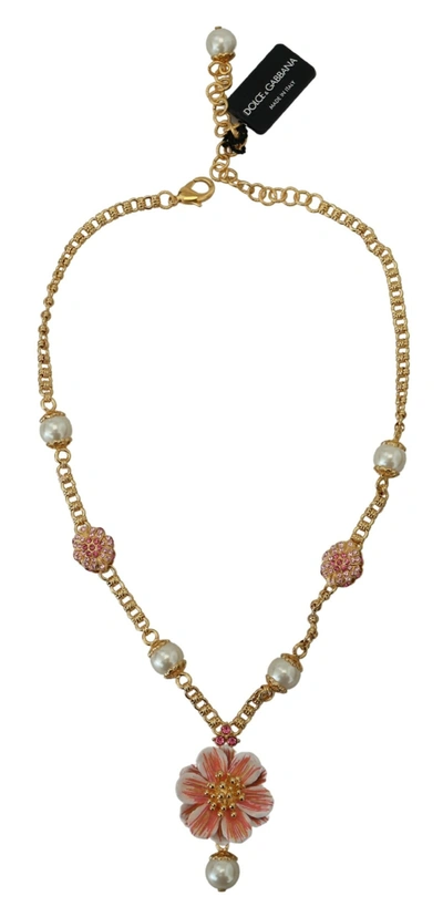 Shop Dolce & Gabbana Elegant Floral Statement Charm Women's Necklace In Gold And Pink