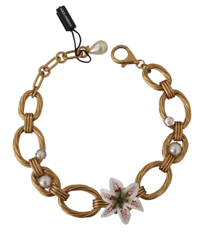 Shop Dolce & Gabbana Elegant Gold Lilly Flower Pendant Women's Necklace