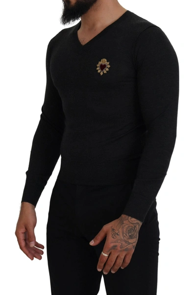 Shop Dolce & Gabbana V-neck Cashmere Sweater With Heart Men's Embroidery In Gray