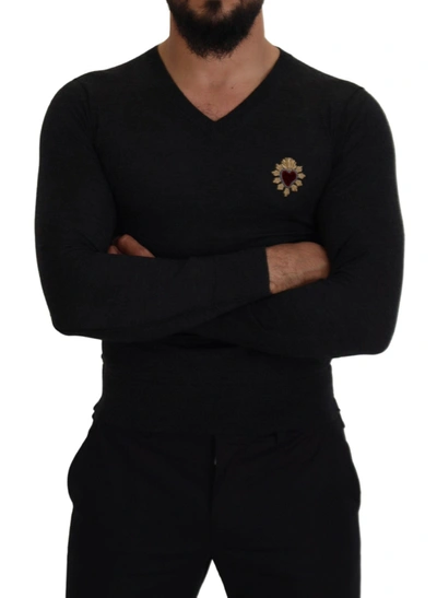 Shop Dolce & Gabbana V-neck Cashmere Sweater With Heart Men's Embroidery In Gray