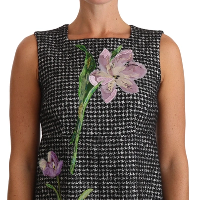 Shop Dolce & Gabbana Houndstooth Floral Appliqué Shift Women's Dress In Gray