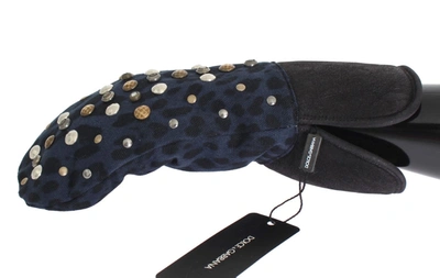 Dolce & Gabbana Gray Wool Shearling Studded Blue Leopard Gloves In Gray