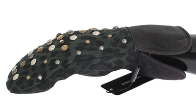 Dolce & Gabbana Gray Wool Shearling Studded Green Leopard Gloves In Gray