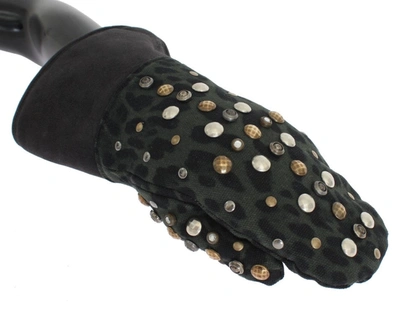 Dolce & Gabbana Gray Wool Shearling Studded Green Leopard Gloves In Gray