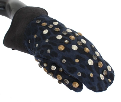 Dolce & Gabbana Gray Wool Shearling Studded Blue Leopard Gloves In Gray