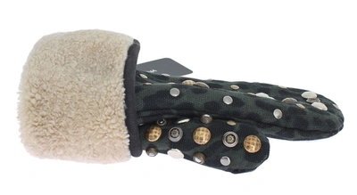 Dolce & Gabbana Gray Wool Shearling Studded Green Leopard Gloves In Gray