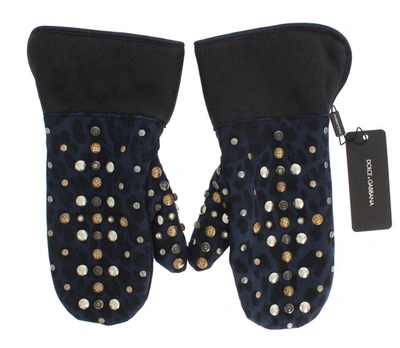 Dolce & Gabbana Gray Wool Shearling Studded Blue Leopard Gloves In Gray