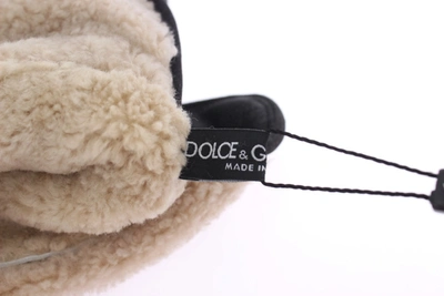 Dolce & Gabbana Gray Wool Shearling Studded Green Leopard Gloves In Gray