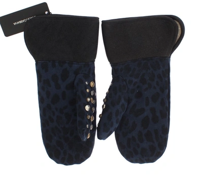 Dolce & Gabbana Gray Wool Shearling Studded Blue Leopard Gloves In Gray