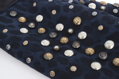 Dolce & Gabbana Gray Wool Shearling Studded Blue Leopard Gloves In Gray