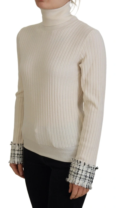 Dolce & Gabbana Ivory Turtleneck Distressed Cuff Pullover Sweater In Off White