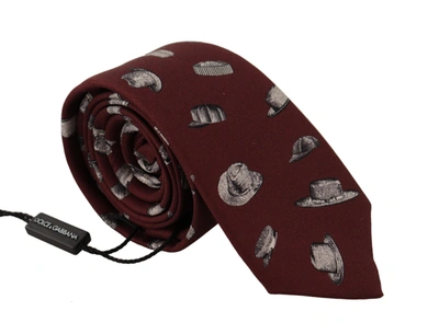 Dolce & Gabbana Maroon Hat Pattern 100% Silk Adjustable Accessory Tie In Maroon