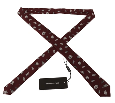 Dolce & Gabbana Maroon Hat Pattern 100% Silk Adjustable Accessory Tie In Maroon