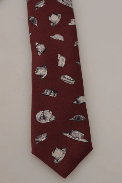 Dolce & Gabbana Maroon Hat Pattern 100% Silk Adjustable Accessory Tie In Maroon