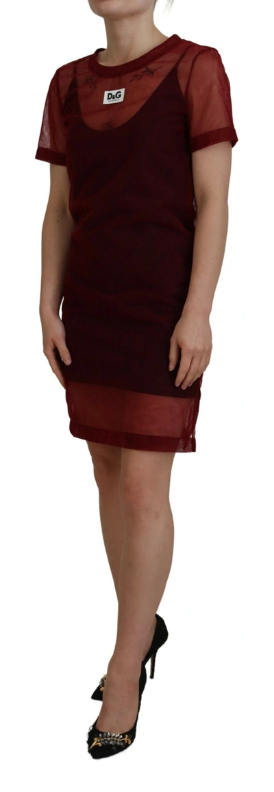 Dolce & Gabbana Maroon Nylon Two Layer Shift Mini Dress In Maroon