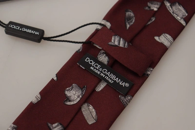 Dolce & Gabbana Maroon Hat Pattern 100% Silk Adjustable Accessory Tie In Maroon