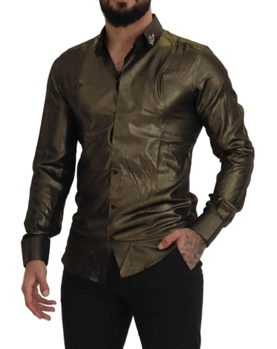 Shop Dolce & Gabbana Elegant Gold Slim Fit Shirt With Crown Men's Embroidery