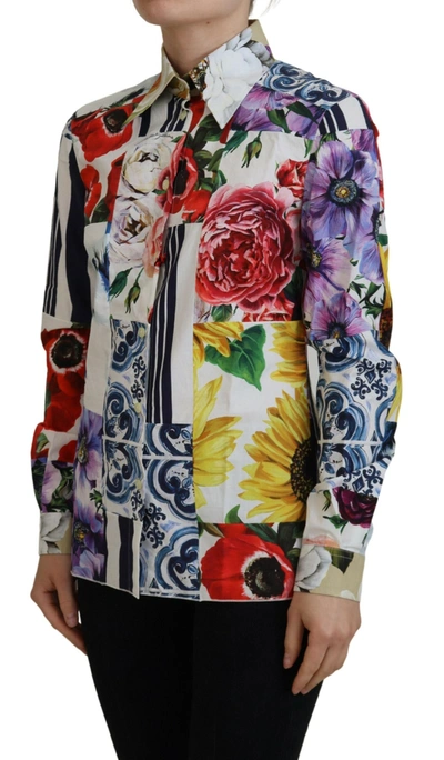 Dolce & Gabbana Multicolor Floral Cotton Collared Blouse Top In Multicolor
