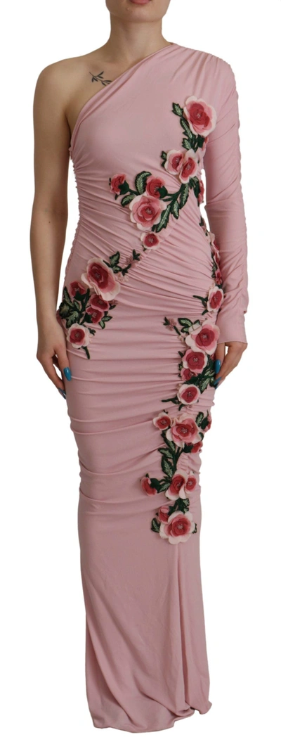 Dolce & Gabbana Pink Flower Embellished One Shoulder Dress In Pink