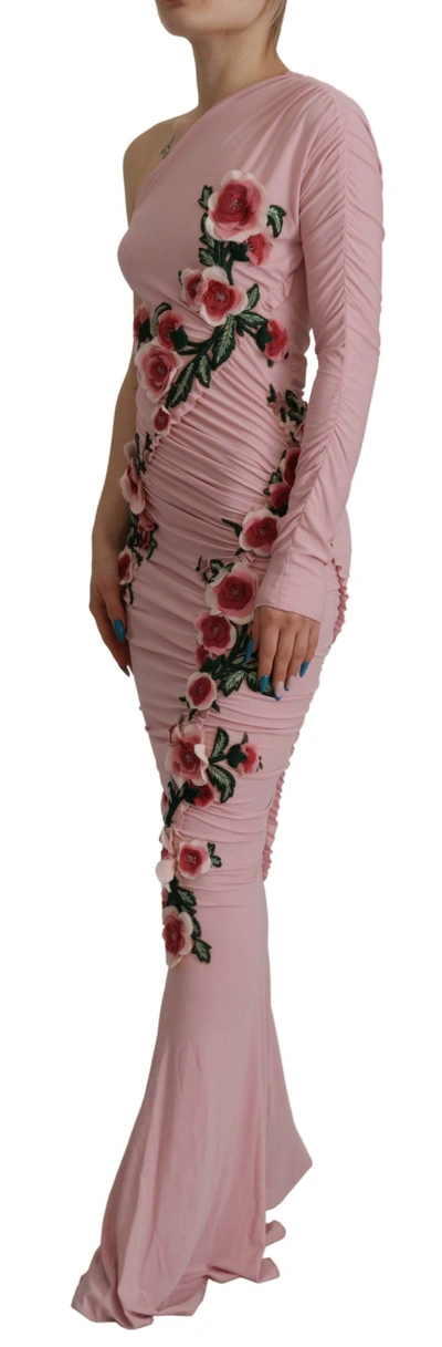 Dolce & Gabbana Pink Flower Embellished One Shoulder Dress In Pink