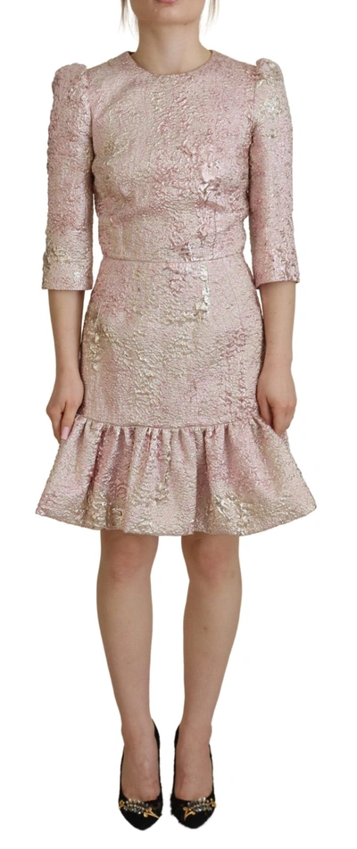 Dolce & Gabbana Pink Jaquard 3/4 Sleeve Sheath Midi Dress In Pink