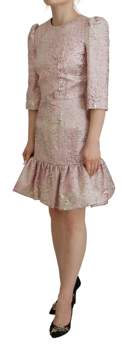 Dolce & Gabbana Pink Jaquard 3/4 Sleeve Sheath Midi Dress In Pink