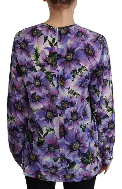 Shop Dolce & Gabbana Elegant Floral Silk Long Sleeve Women's Blouse In Purple