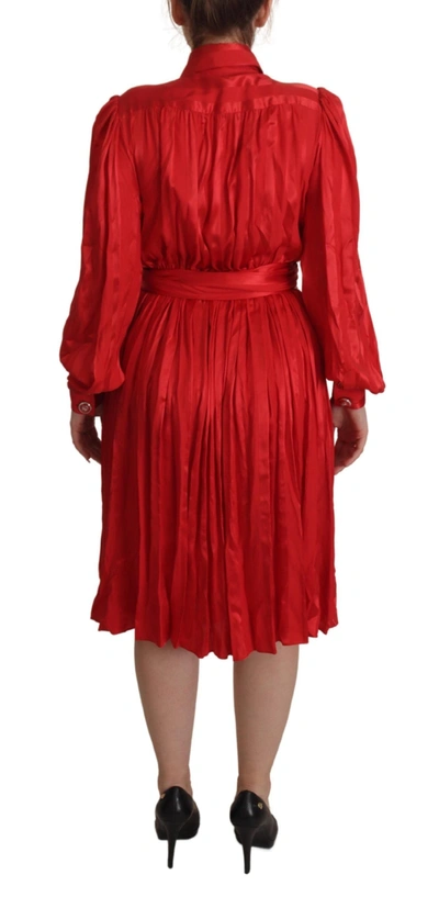 Shop Dolce & Gabbana Elegant Red Silk Midi Dress With Button Women's Detail